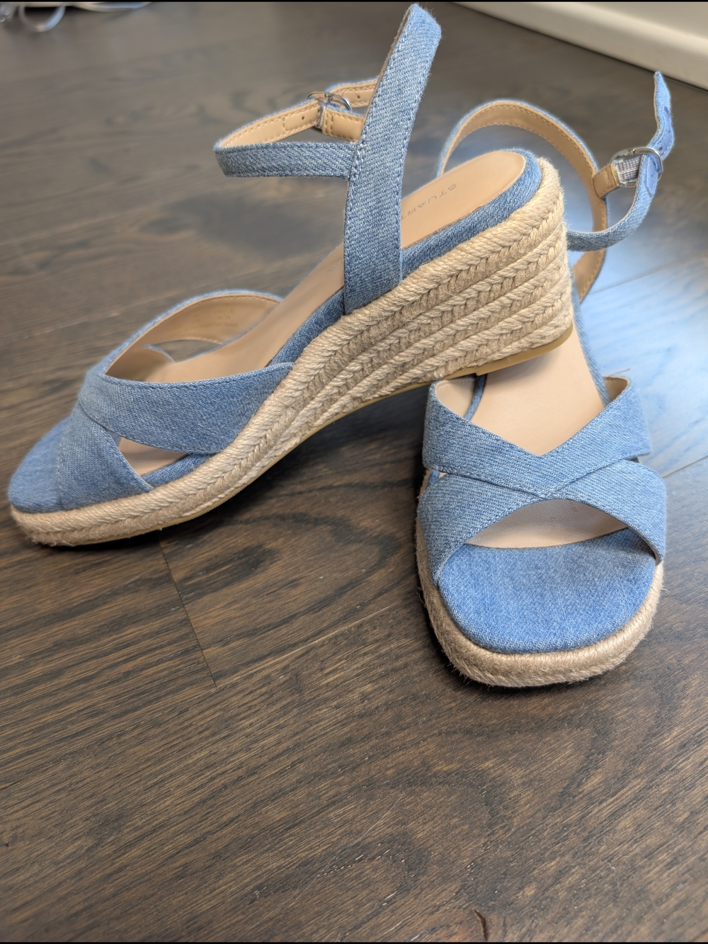 Stuart Weitzman-Denim Light Blue Espadrille Wedge Sandals - Picture 1 of 5